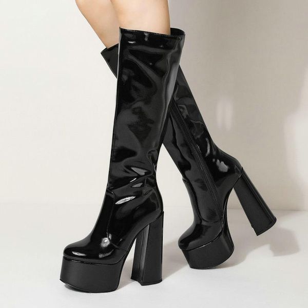 

boots patent leather knee high women round toe super heels shoes for woman platform party wedding size 43, Black