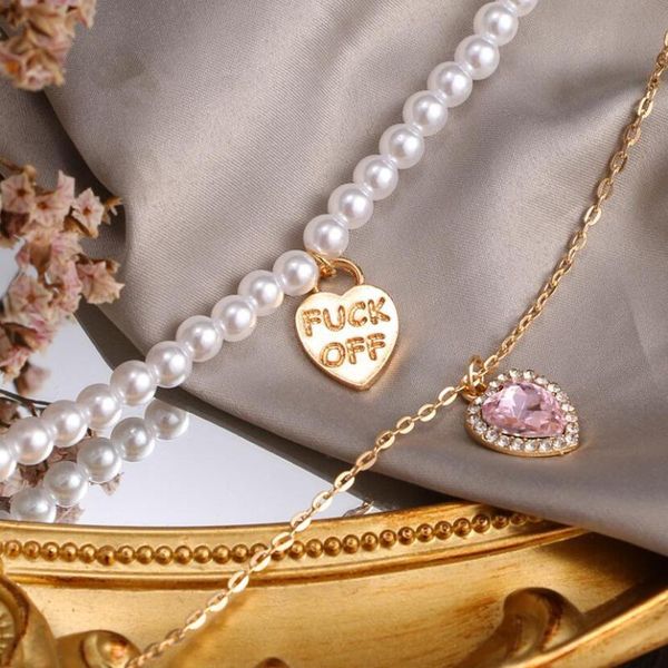 

pendant necklaces 2021 gold color fxck off necklace set for woman bohemian style imitation pearl jewelry charm birthday gift wholesale, Silver