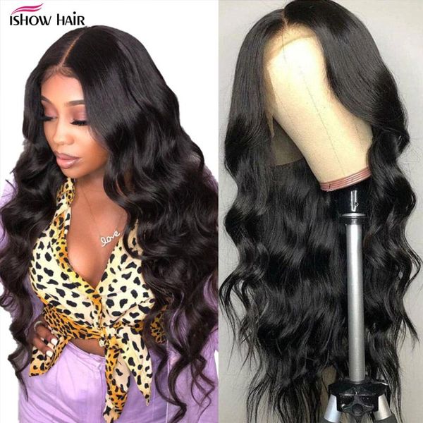 

lace wigs ishow 5x5 closure wig body wave front pre plucked hd transparent human hair 30 inches, Black;brown