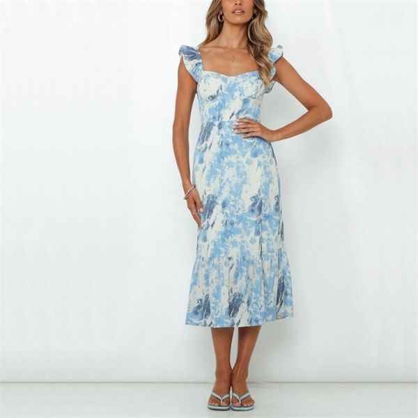 

summer women's casual printed ruffled slim sling dress vestidos 210430, Black;gray