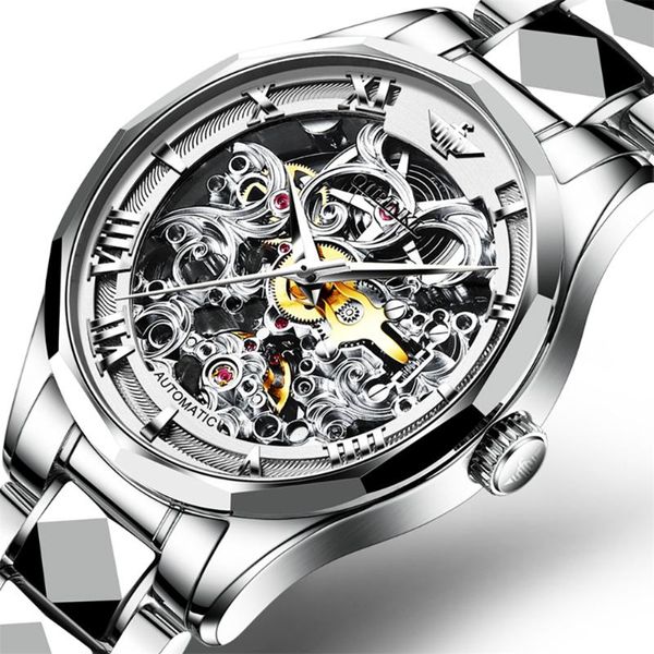 

wristwatches 2021 men mechanical skeleton automatic watch waterproof original transparent hollow watches reloj, Slivery;brown