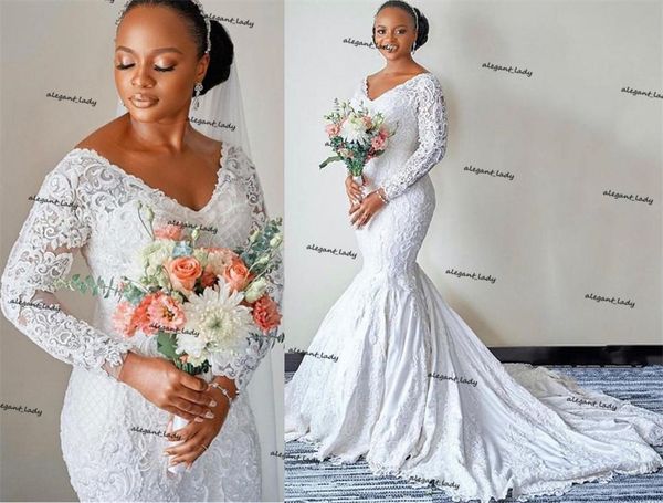 

african plus size wedding dresses 2021 long sleeve solid lace applique arabic aso ebi mermaid garden church nerigania bridal dress, White