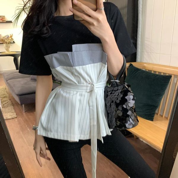 

women's t-shirt summer group design stripe short sleeve o-ring splicing frenum fake two piece set slim top, White
