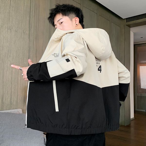 

spring men's hooded jacket trend cool color matching coat youth fashion cardigan baseball suit, Black;brown
