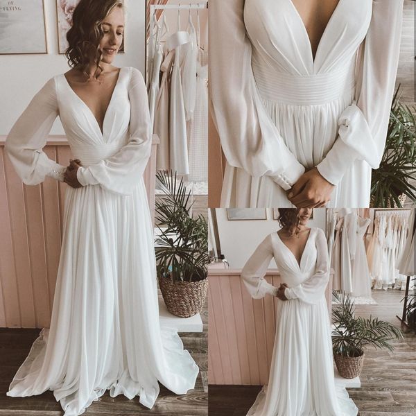 Vestidos De Mariee Chiffon Brautkleid A-Linie Langarm Falten Frauen für V-Ausschnitt Wunderschöne Sweep Zug Brautkleider Strand