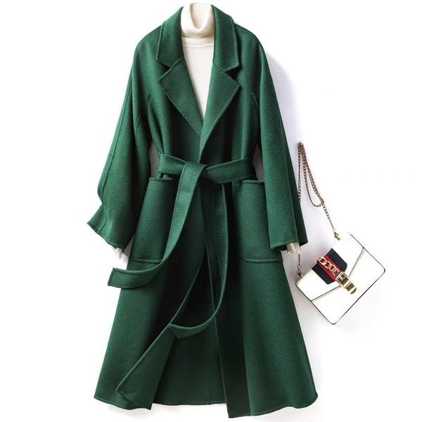 

women's wool & blends high fashion 2021 real fur woolen coats outerwear loose ladies long overcoat d04., Black