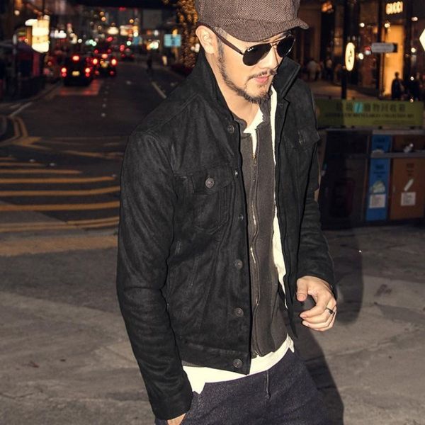 

men's & winter mens warm fur lining suede short slim fit faux leather biker coat male single breasted thick work jacket mf9d, Black