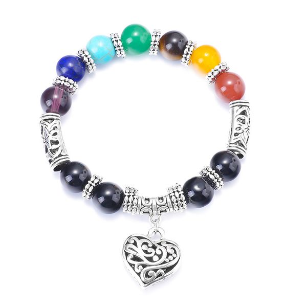 

men women 7 chakra bracelets bangles colors mixed healing crystals stone chakra pray mala heart charm bracelet jewelry gifts, Golden;silver