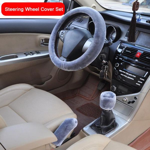 

steering wheel covers 3pcs non slip soft universal accessories solid cover set artificial wool gear shift handbrake winter warm furry