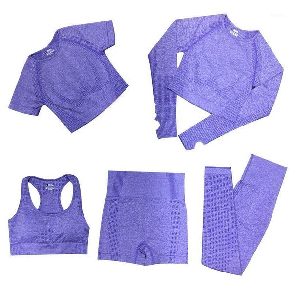 

seamless fitness long sleeve workout clothes yoga set suit women's sports wear bra shorts gym cropped clothing pants outfit