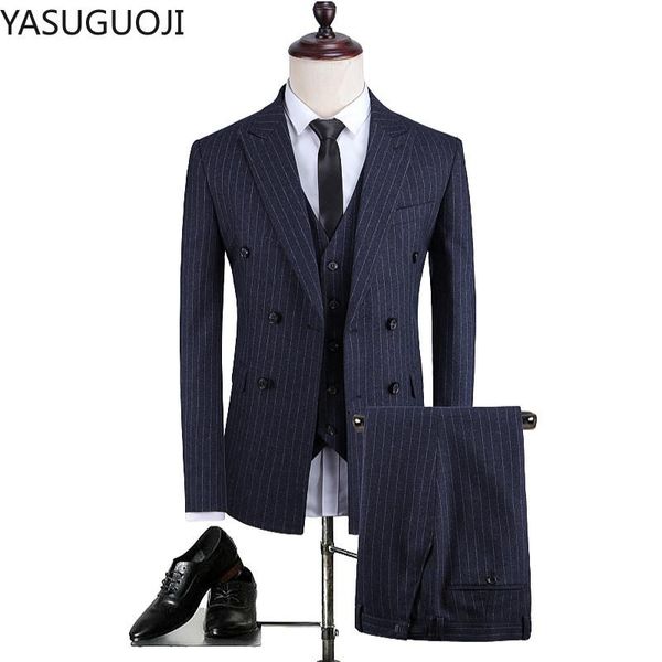 

men's suits & blazers yasuguoji fashion striped wedding suit 2021 business casual vintage 3 piece men slim fit double breasted mens, White;black