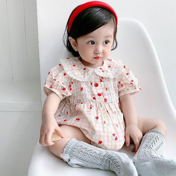 

rompers 2021 summer baby girl floral bodysuit cute infant short sleeve cotton jumpsuit for birthday princess clothing, Blue