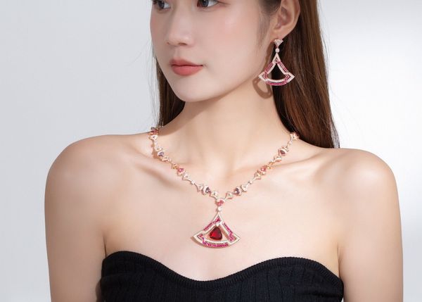 Europa Amerika Mode-Stil Schmuck-Sets Dame Damen 3A Zirkon Rot Hellblau Kristall aufgefächert Kupfer plattiert Weißgold Roségold Halskette Ohrringe