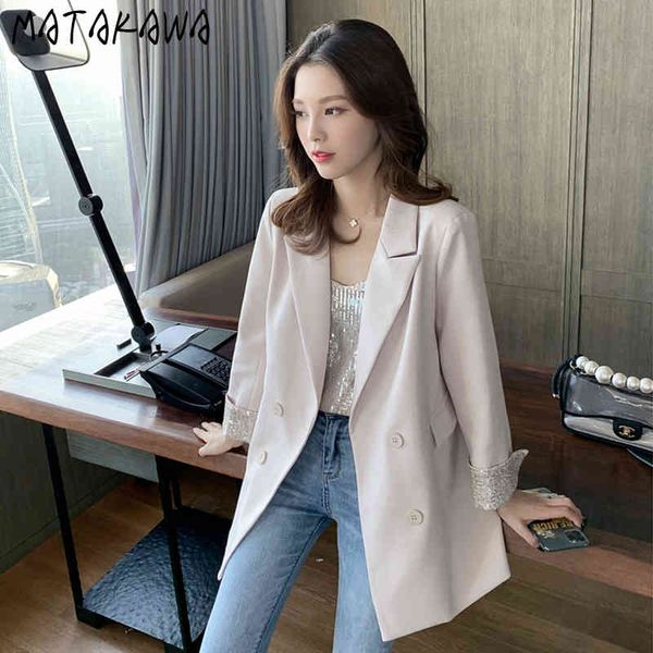 

matakawa notched suit jacket spring sequined sleeves temperament casual jacket women double breasted blazer women 210513, White;black