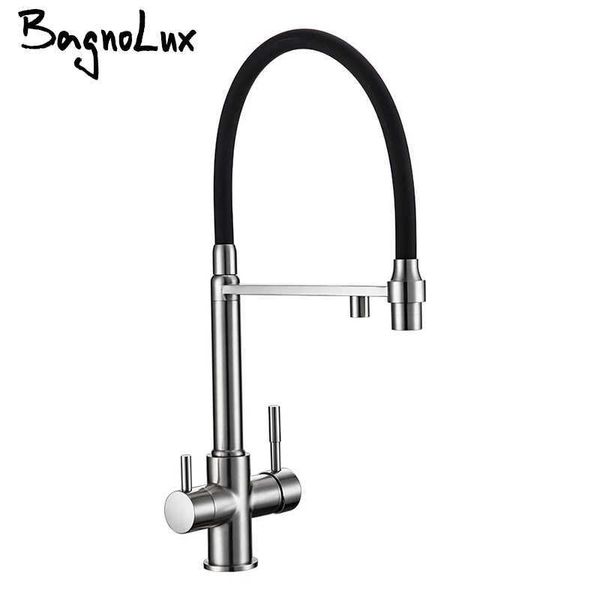 Bagnolux Lavello in ottone nichel spazzolato Montaggio su tubo nero Pull Down Doppio ugello spruzzatore Miscelatore Rubinetti dell'acqua Rubinetto della cucina 210724