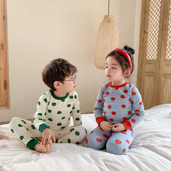 Осень мальчики девочки хлопок милые яблочные напечатанные Pajama наборы мода детей с длинным рукавом повседневная футболка и брюки 2 частей наборы домашняя одежда 210615
