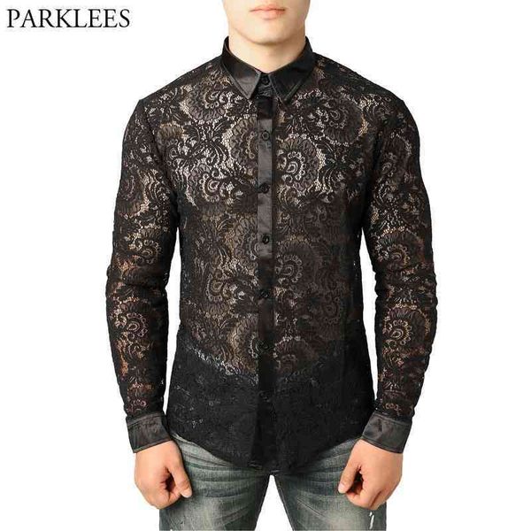 

men's mesh see through fishnet clubwear shirts slim fit long sleeve lace shirt men party event prom transparent chemise 2xl 210522, White;black