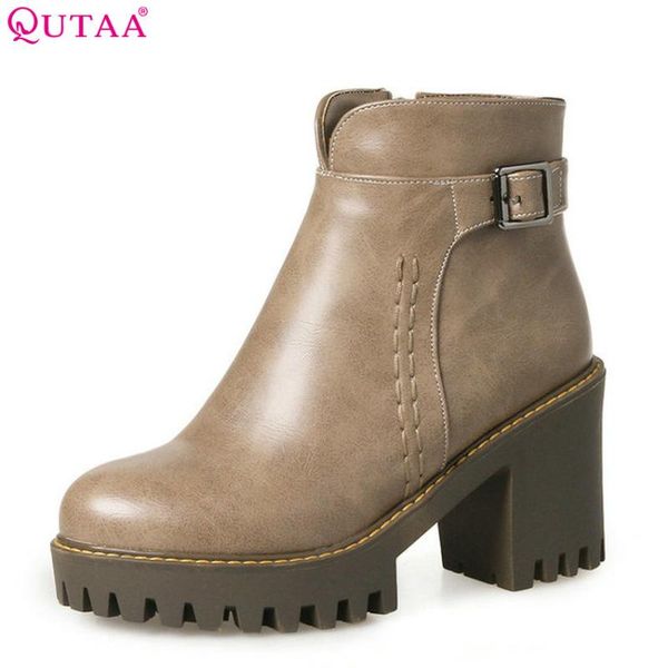 

boots qutaa 2021 women ankle square high heel shoes round toe zipper ladies westrn style motorcyclr size 34-43, Black