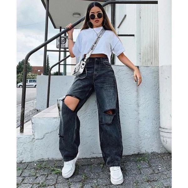 

women's jeans high waist black denim straight-leg pants washed riped wide leg long ladies women trouser, Blue