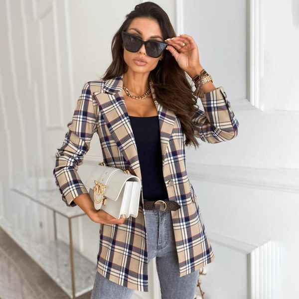 

women's suits & blazers spring autumn notched collar plaid casual pockets long sleeve coat female outerwear 2021 korean fashion loose j, White;black