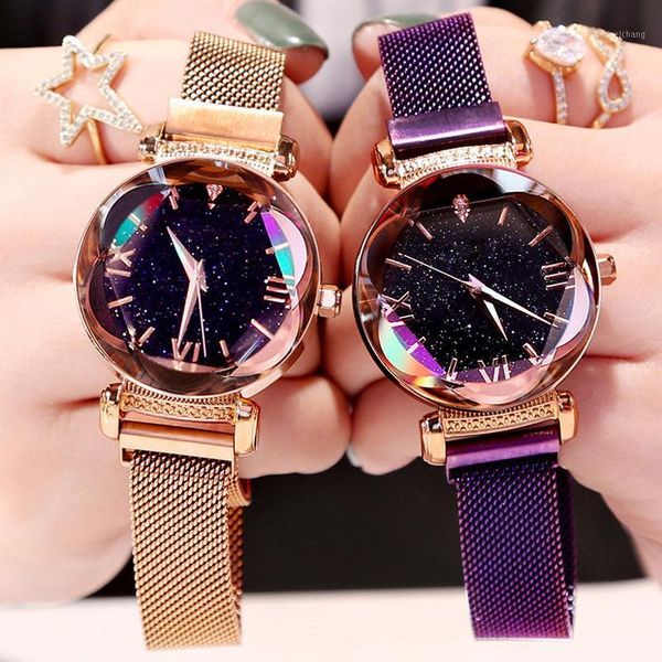 

wristwatches fashion diamond ladies starry sky magnet watch luxury rose gold women watches waterproof female wristwatch for gift clock 2021, Slivery;brown