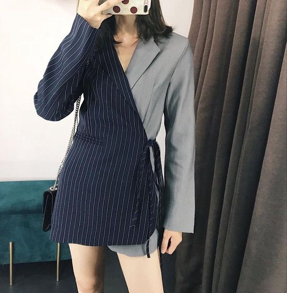 

women's suits & blazers work suit ol for women business character fashion personality striped stitching tie long sleeve jacket coat fem, White;black