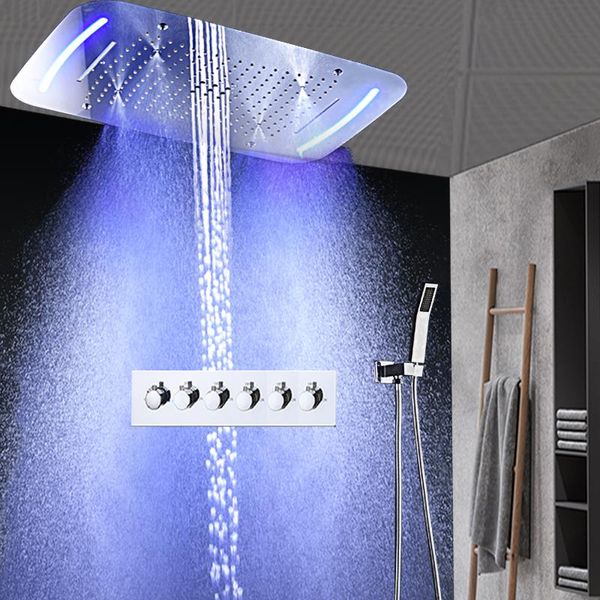 

recessed ceiling waterfall shower set high flow led rain mist facuets kits batrhroom 5 functions mixing valve bathroom sets