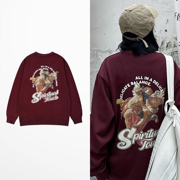 

men's hoodies & sweatshirts retro ins style cartoon engel oil paiting print clothing mens fashion high street wine red men and women, Black