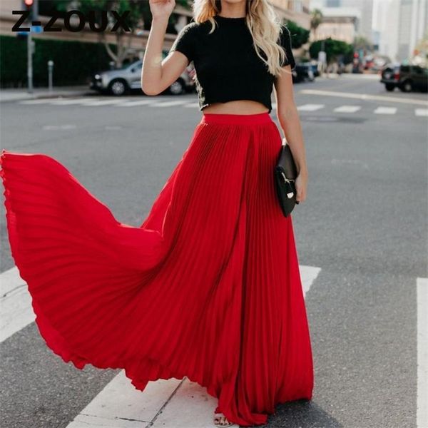 

z-zoux women skirt high waist pleated long skirts black pink white red all match vintage pleated skirts women clothes summer 210412