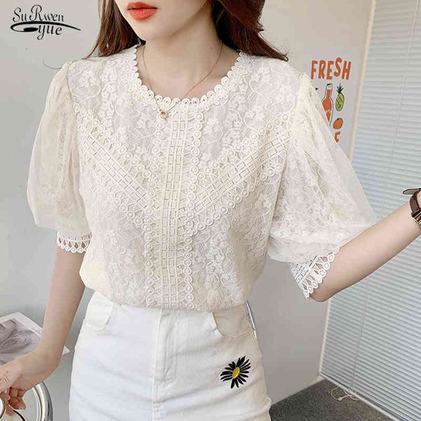 

casual o-neck women lace blouse lantern sleeve elegant patchwork crochet shirt plus size clothing blusas mujer 14376 210508, White