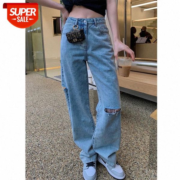 

[spicy girl ripped pants] korean women look thin, straight legs, handsome, loose jeans #ky6s, Black;white