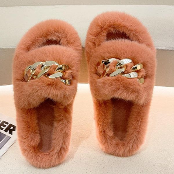 

slippers fur gold chain plush designer fluffy flip flops female home big size shoes women fashion warm non-slip, Black