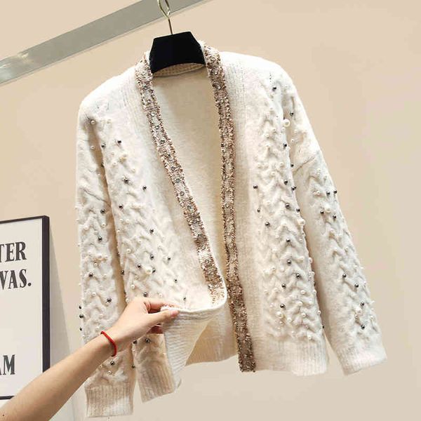 

women's sweaters handmade pearls beading cardigan women knitted loose lazy sweater elegant v-neck thick sweaters autumn and winter, White;black