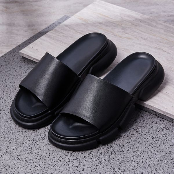 

men's slippers slippers fashion leather summer large sandals outdoor flip flop antiskid beach shoes hyss, Black