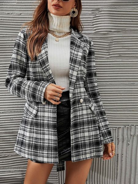 

plaid double button belted blazer h5ky#, White;black