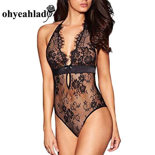 

women's jumpsuits & rompers ohyeahlady halter lace bodysuit for women deep v backless body suits femme transparent open crotch teddies, Black;white