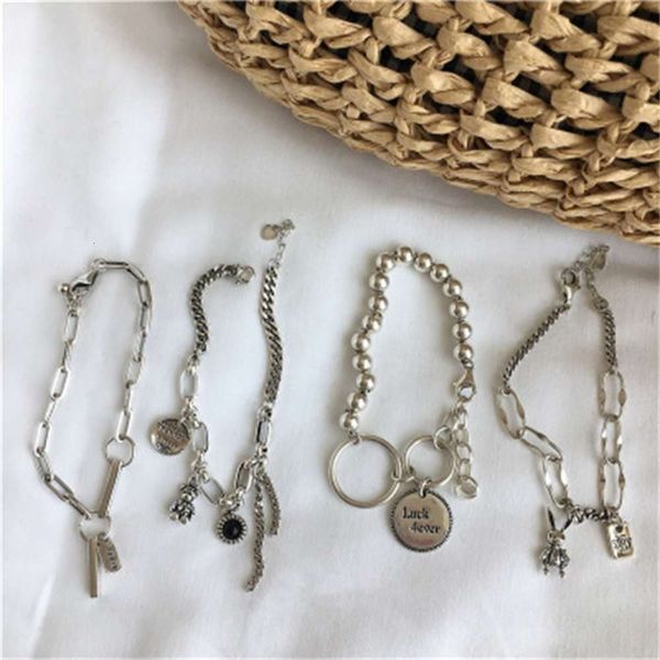 

s925 sterling silver bear rabbit alphabet bracelet women's ins niche design lucky hip hop, Black