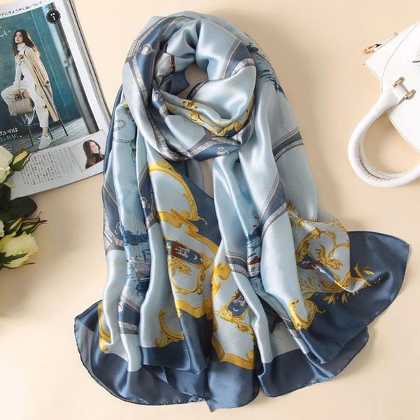 

scarves women imitation silk scarf sailboat print shawls office lady soft wraps female headscarf beach towel gift 90x180cm, Blue;gray
