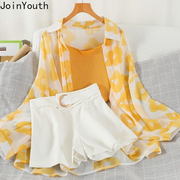 

women's tracksuits joinyouth summer sweet cute streetwear set women loose long sleeve sunscreen shirts basic sling wide-leg shorts thre, Gray