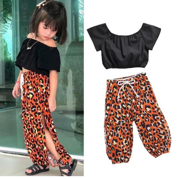 Moda Toddlers Neonate Set di vestiti per bambini T-shirt nere a maniche corte Top + Pantaloni spaccati a gamba larga leopardati 2 pezzi Abiti