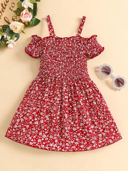 

baby ditsy floral print shirred cold shoulder dress she, Red;yellow