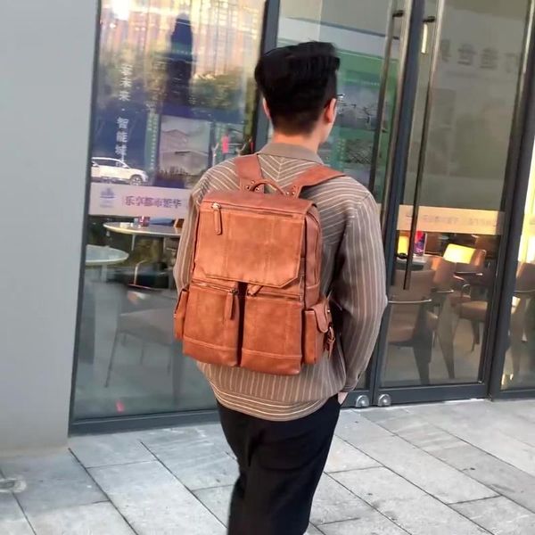 

backpack pu leather waterproof men's super large capacity multi-function travel bag convenient zipper computer packet