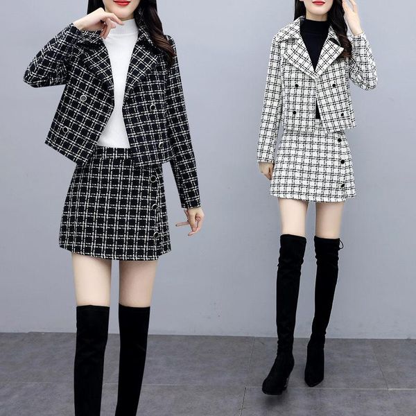 

two piece dress ladies elegant short blazer mini skirts suits 2021 spring and autumn slim fit plaid tweed set women outfits m624, White