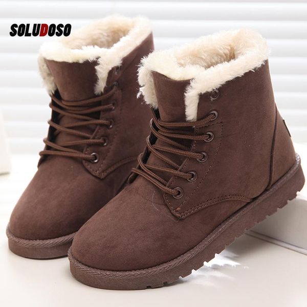 

boots classic women winter suede ankle snow female warm fur plush insole botas mujer lace-up, Black