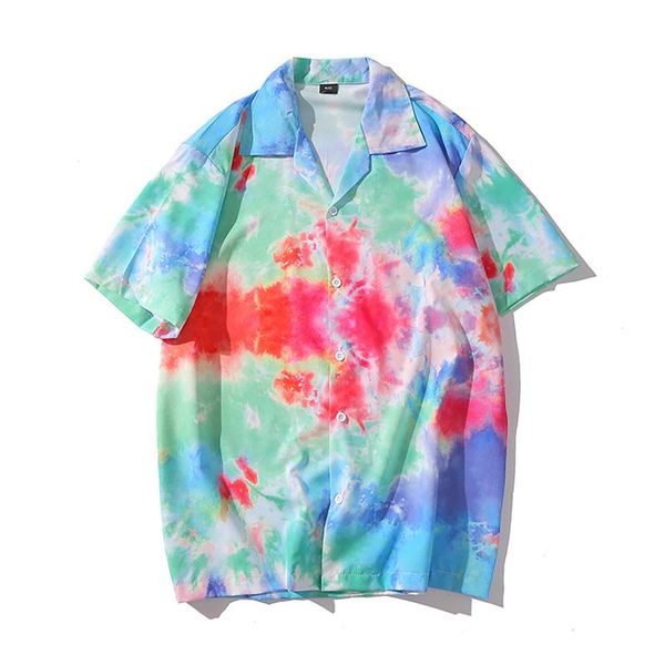 

men's casual shirts fashion tie-dye printed hawaiian short sleeve button shirt summer beach style male blouse chemises hommes, White;black
