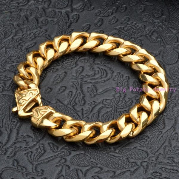 

link, chain amaze design 7-11inch custom sizes 15mm yellow gold cuban link 316l stainless steel bracelet bangle male fashion jewelry, Black