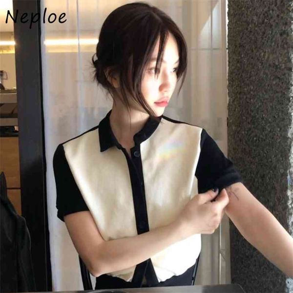 

hit color patchwork ol blouse women turn down collar short sleeve single breast blusas spring loose shirt femme 210422, White