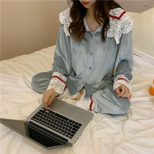 

autumn women sleepwear winter pajamas set lace velvet home turn down collar pants pyjamas suit long sleeve polyester 2 piece, Black;red