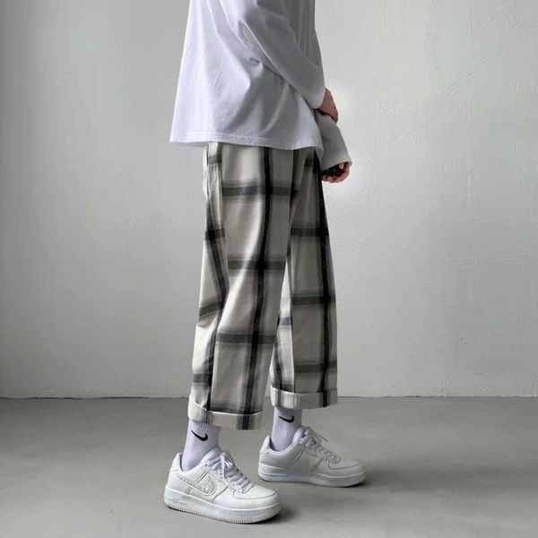 

spring plaid nine points casual pants hong kong style men women korean trendy straight loose wide-leg elegant trousers women's & capris, Black;white