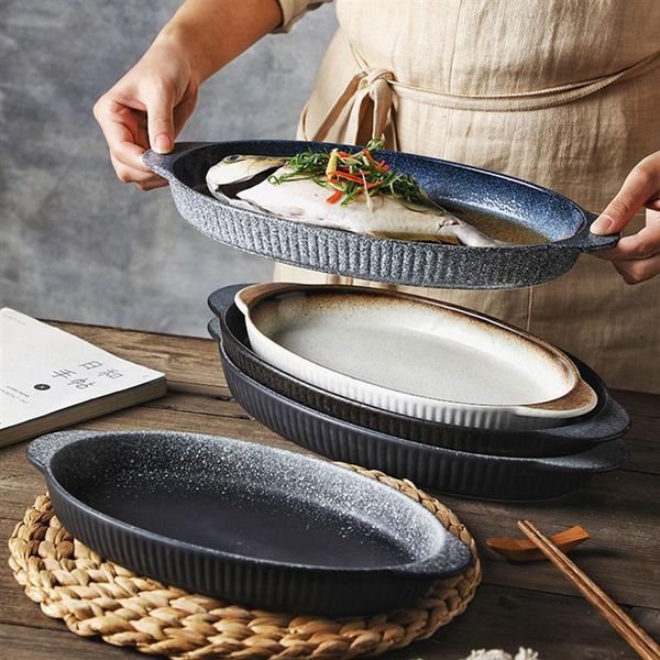 

dishes & plates 1pc retro plate tray home decoration kitchen dish microwave fish creative household ceramic tableware (black)